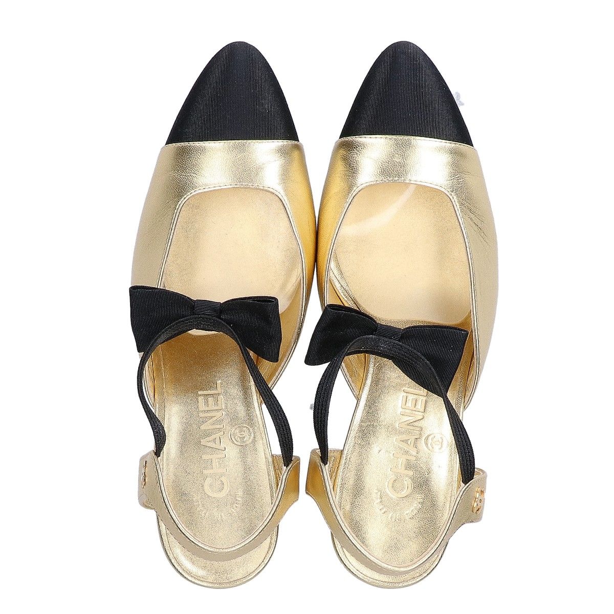 Chanel Gold Black Ribbon CC Logo Pumps 35 Heel — view 5