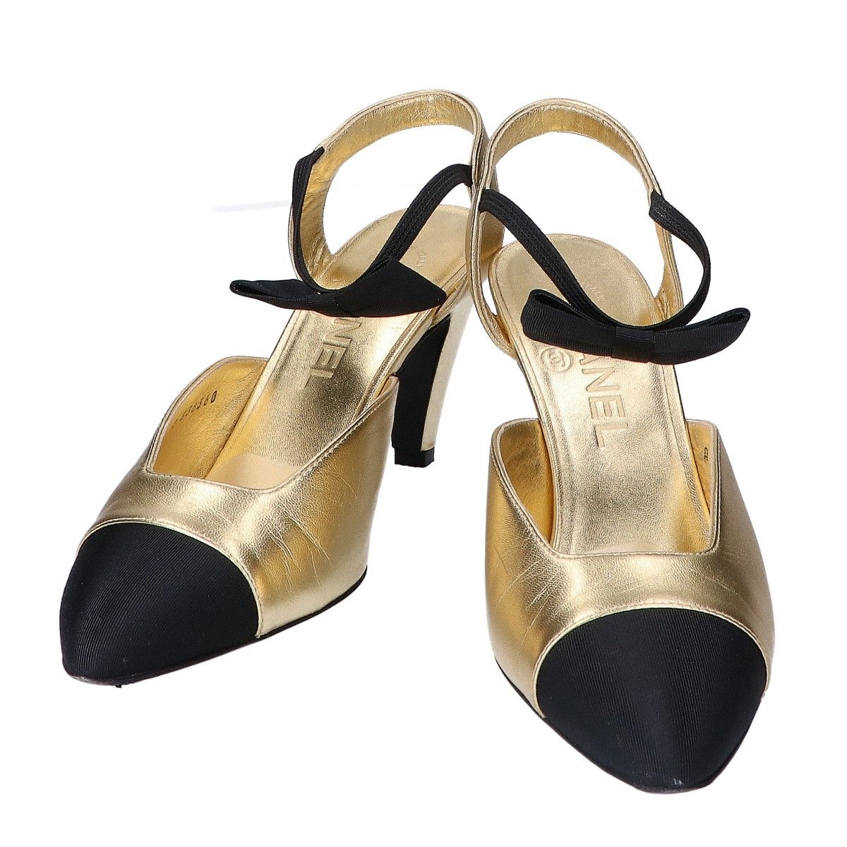 Chanel Gold Black Ribbon CC Logo Pumps 35 Heel