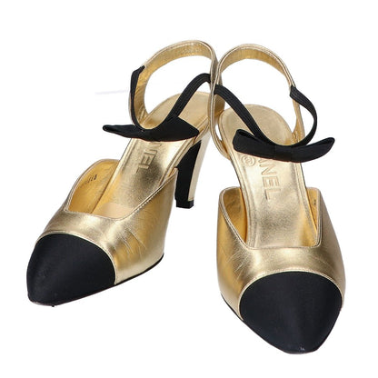 Chanel Gold Black Ribbon CC Logo Pumps 35 Heel