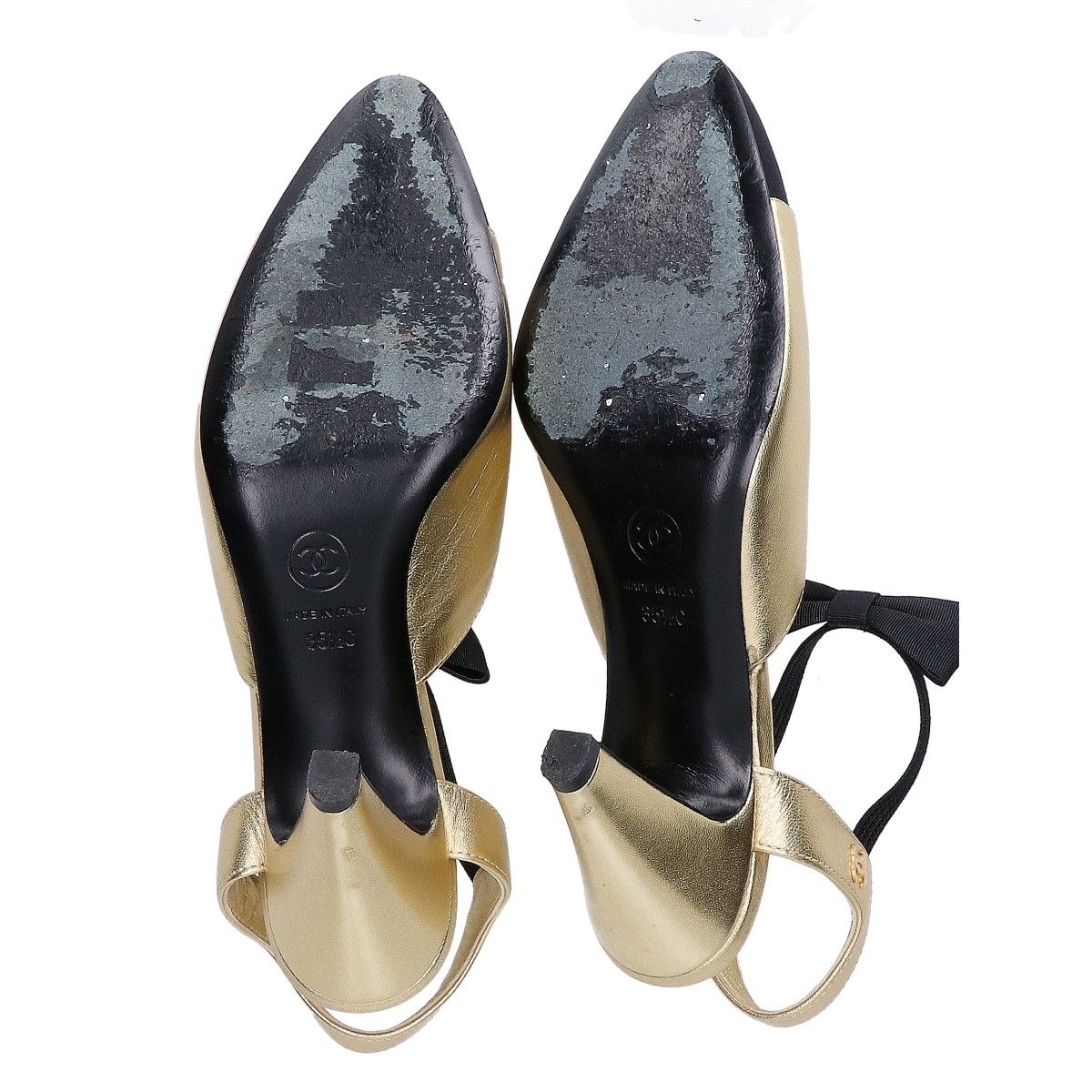 Chanel Gold Black Ribbon CC Logo Pumps 35 Heel — view 6