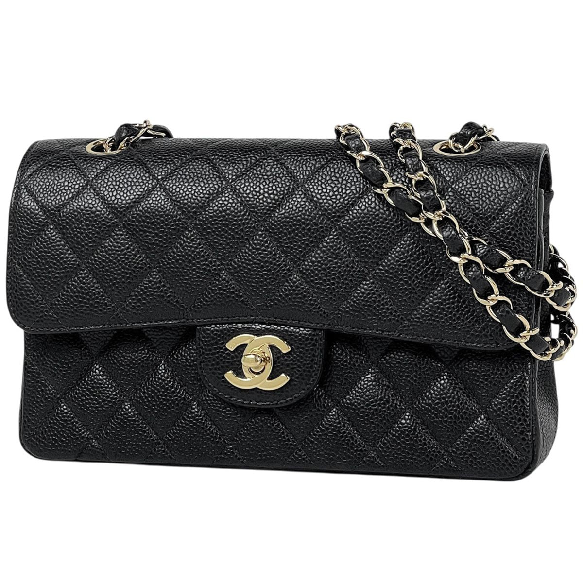 Chanel Quilted Double Flap Chain Shoulder Bag CC Logo Caviar Leather Black