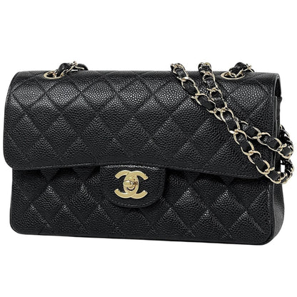 Chanel Quilted Double Flap Chain Shoulder Bag CC Logo Caviar Leather Black