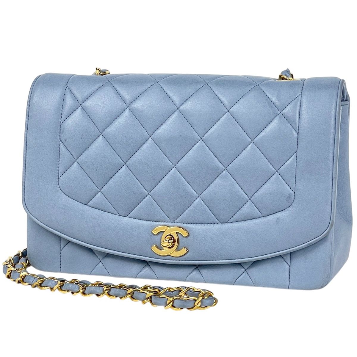 Chanel Diana Quilted Single Flap Chain Shoulder Bag CC Logo Leather Light Blue