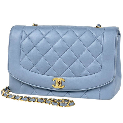 Chanel Diana Quilted Single Flap Chain Shoulder Bag CC Logo Leather Light Blue