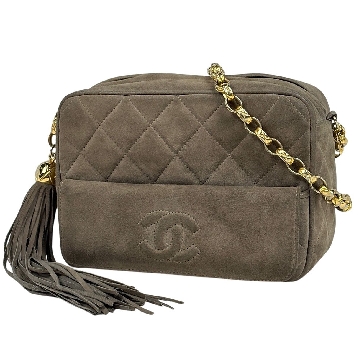 Chanel CC Logo Fringe Chain Shoulder Bag Quilted Tassel Suede Green Beige