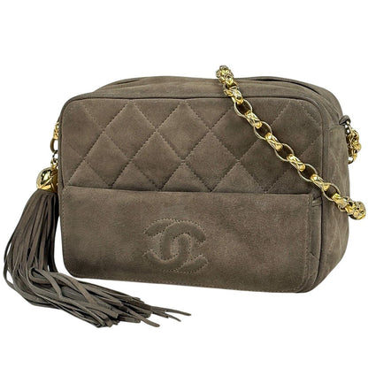 Chanel CC Logo Fringe Chain Shoulder Bag Quilted Tassel Suede Green Beige