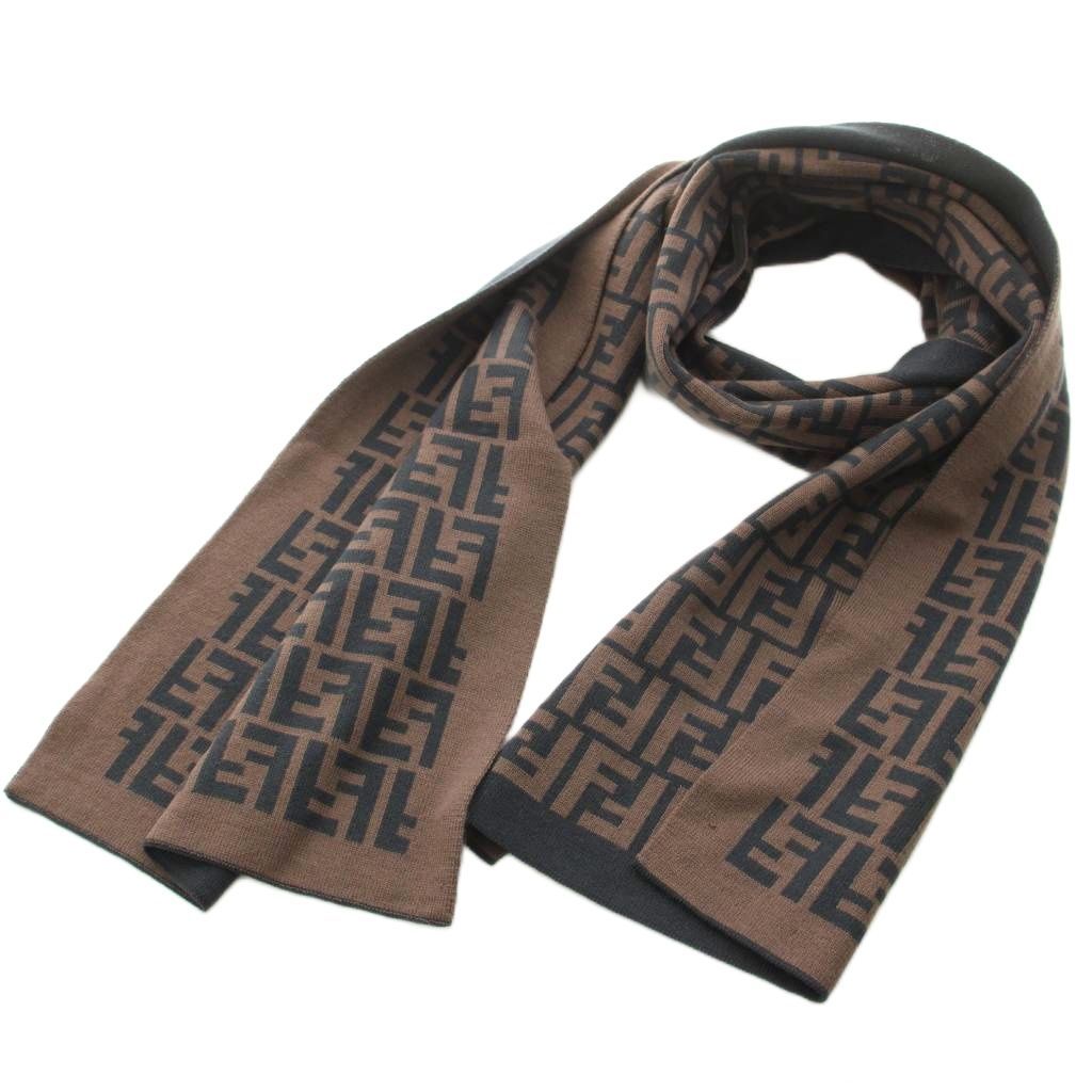 Fendi Scarf Shawl Zucca Pattern Wool Brown Black KU