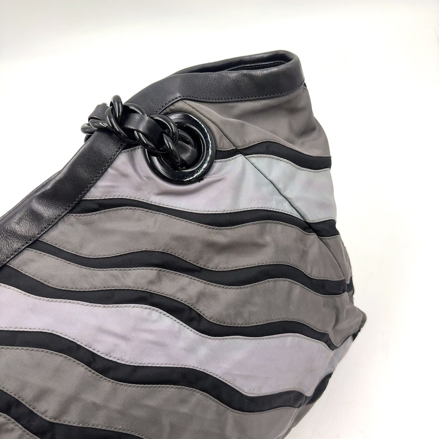 Prada Silver Logo Leather Nylon Gray Black Light Chain Handbag — view 8