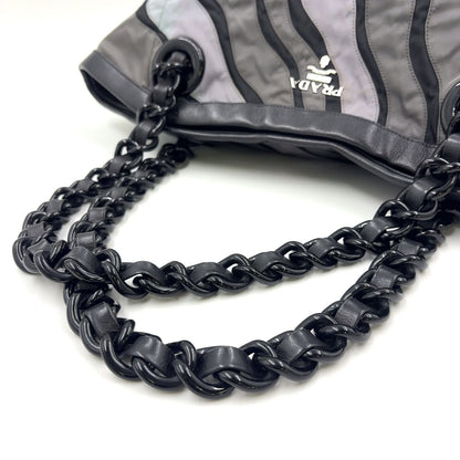 Prada Silver Logo Leather Nylon Gray Black Light Chain Handbag — view 5