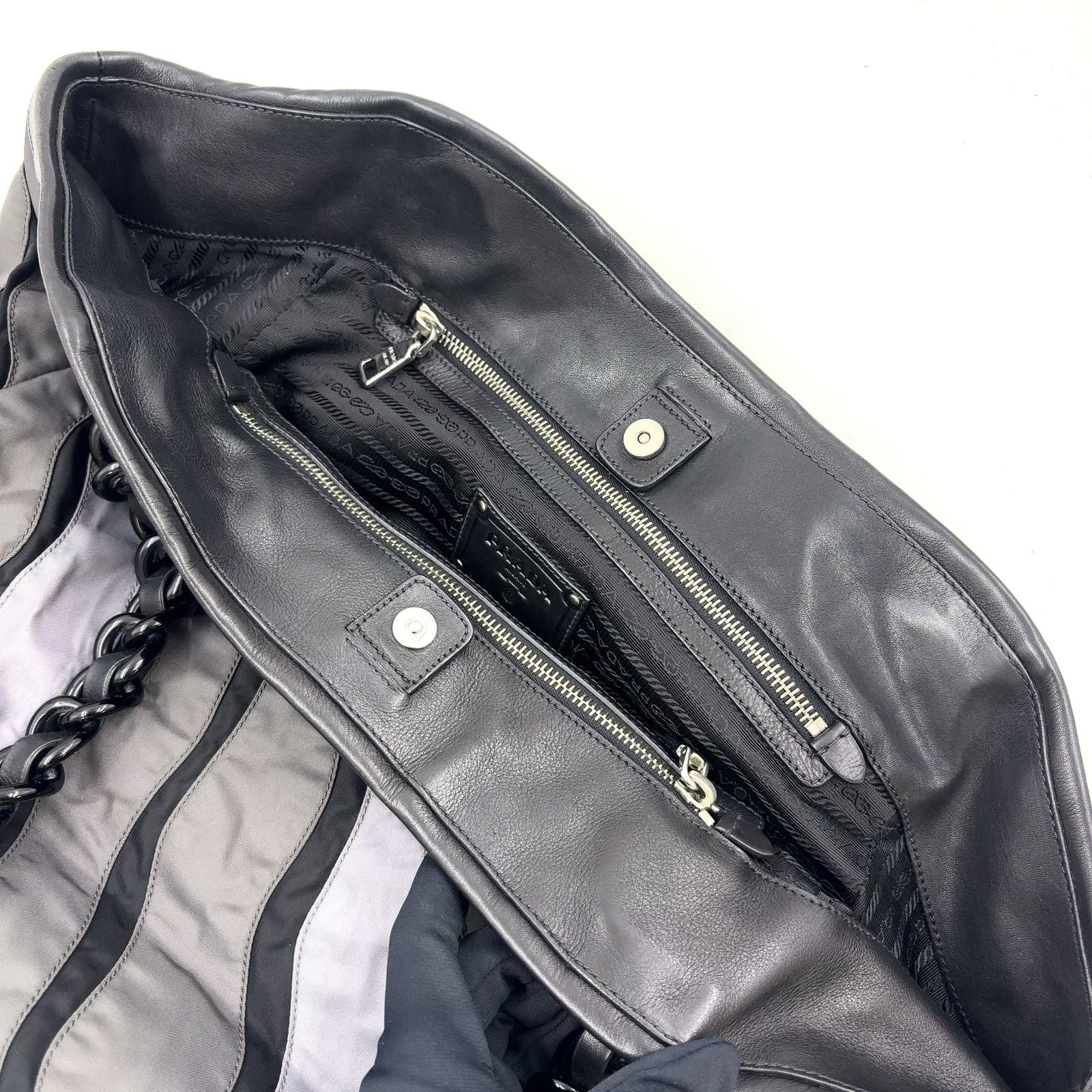 Prada Silver Logo Leather Nylon Gray Black Light Chain Handbag — view 9