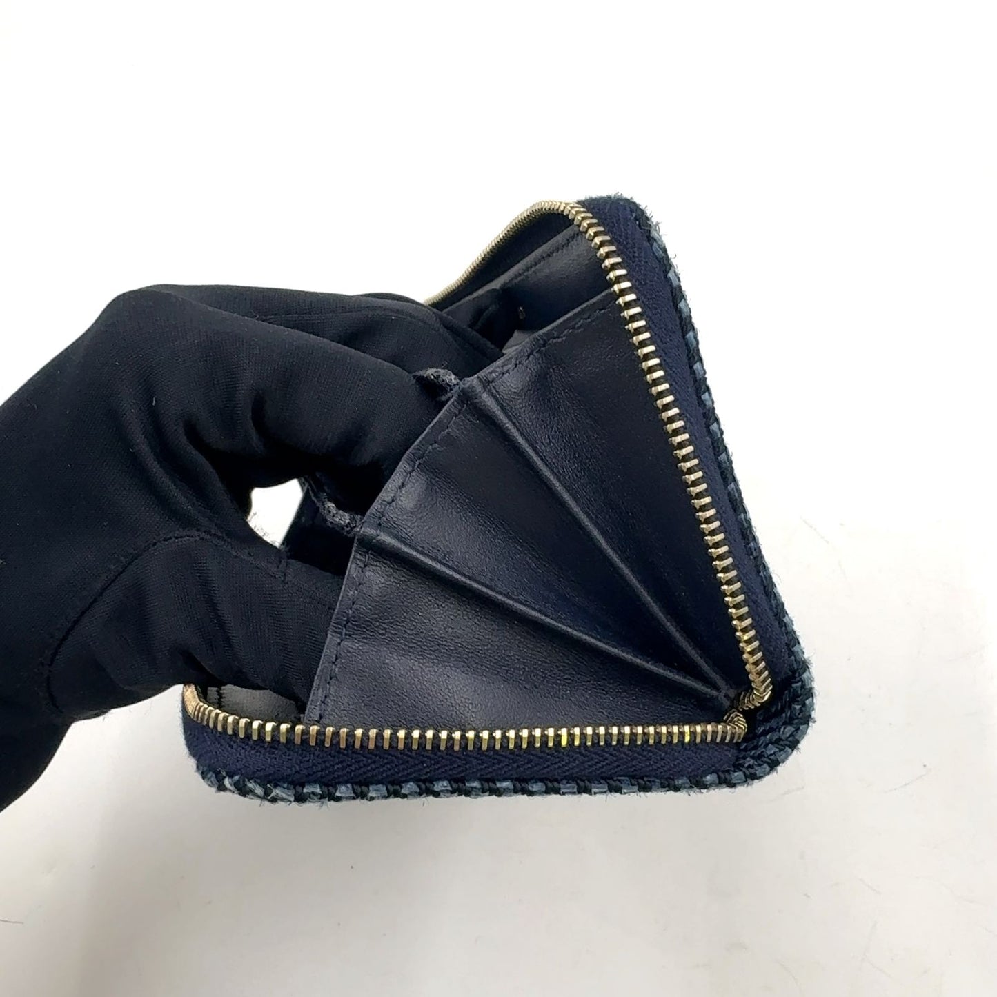 Chanel Zip Around Deauville Leather Canvas Navy Wallet Gold Handbag — view 7