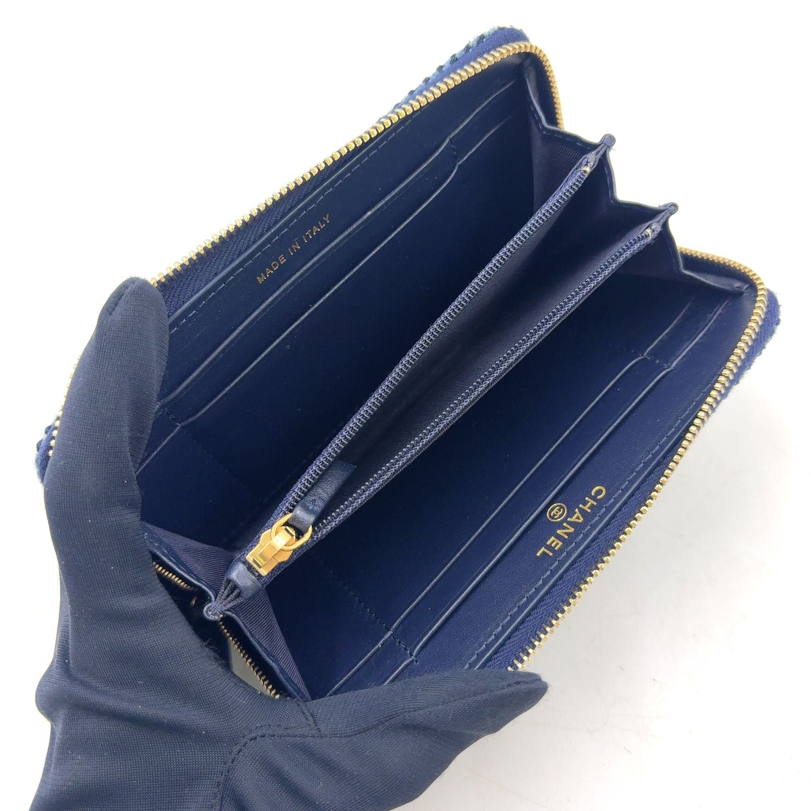 Chanel Zip Around Deauville Leather Canvas Navy Wallet Gold Handbag — view 3