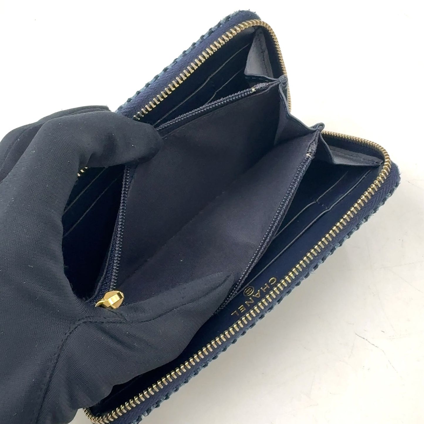 Chanel Zip Around Deauville Leather Canvas Navy Wallet Gold Handbag — view 6
