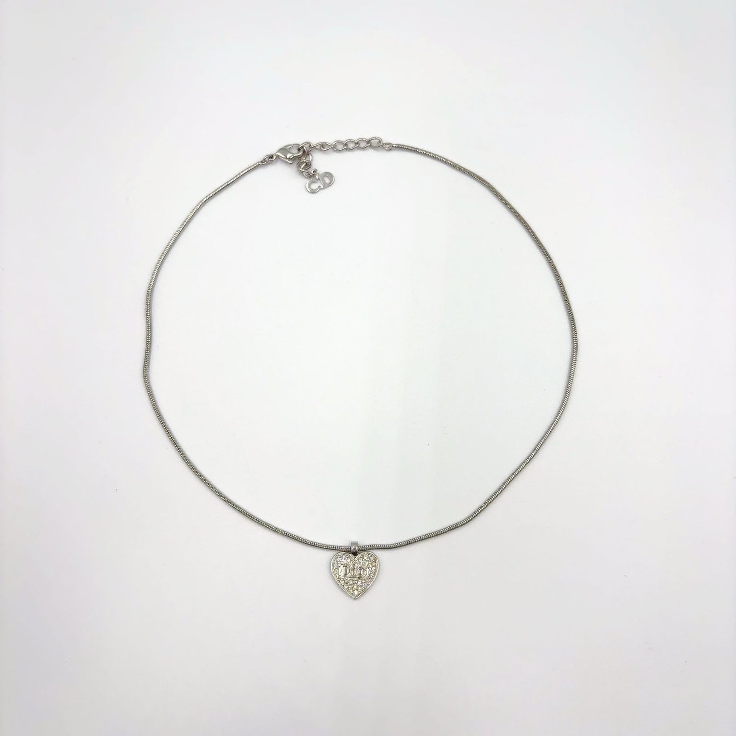 Dior Line Stone Logo Heart Metal Color Clear Silver Necklace — view 3