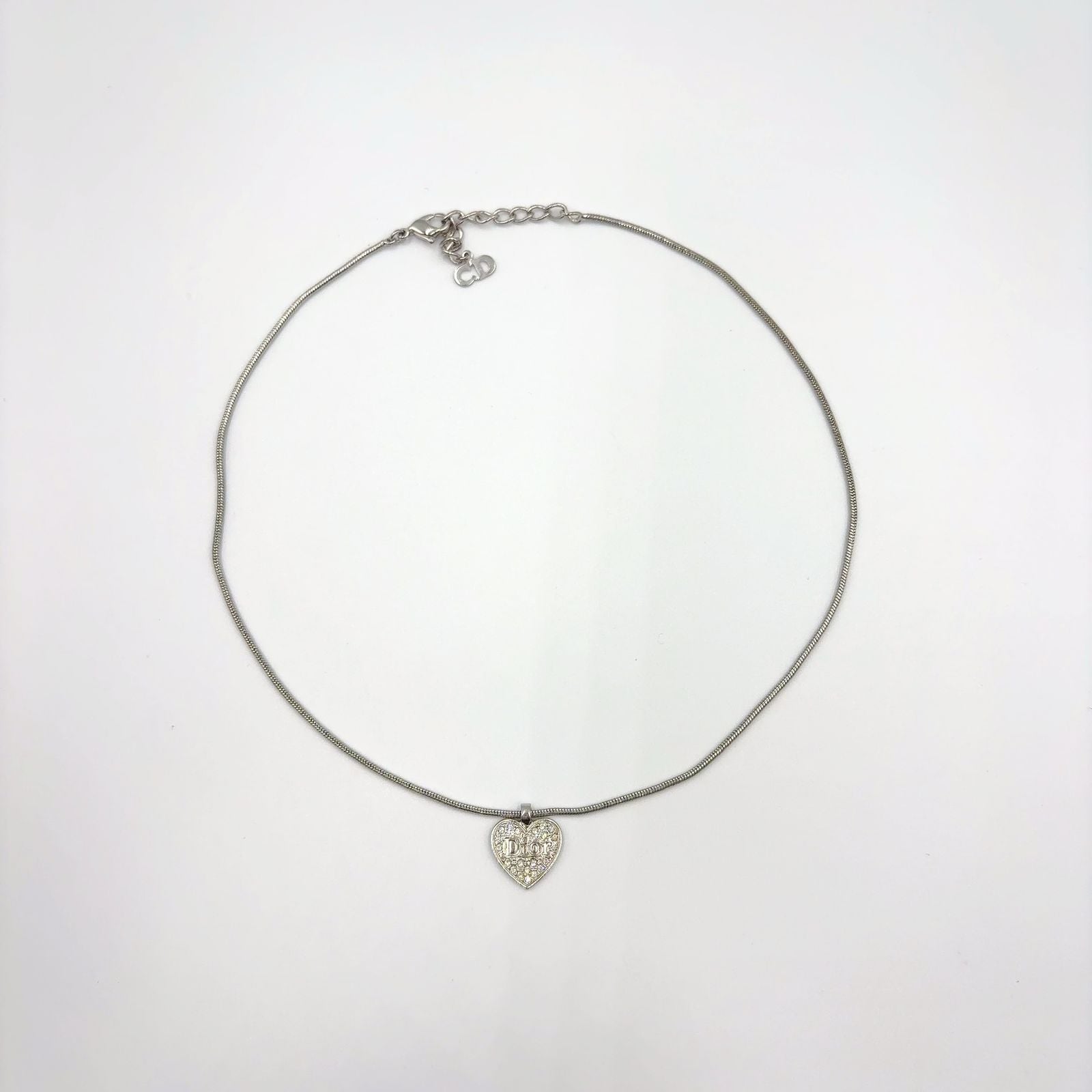 Dior Line Stone Logo Heart Metal Color Clear Silver Necklace — view 3