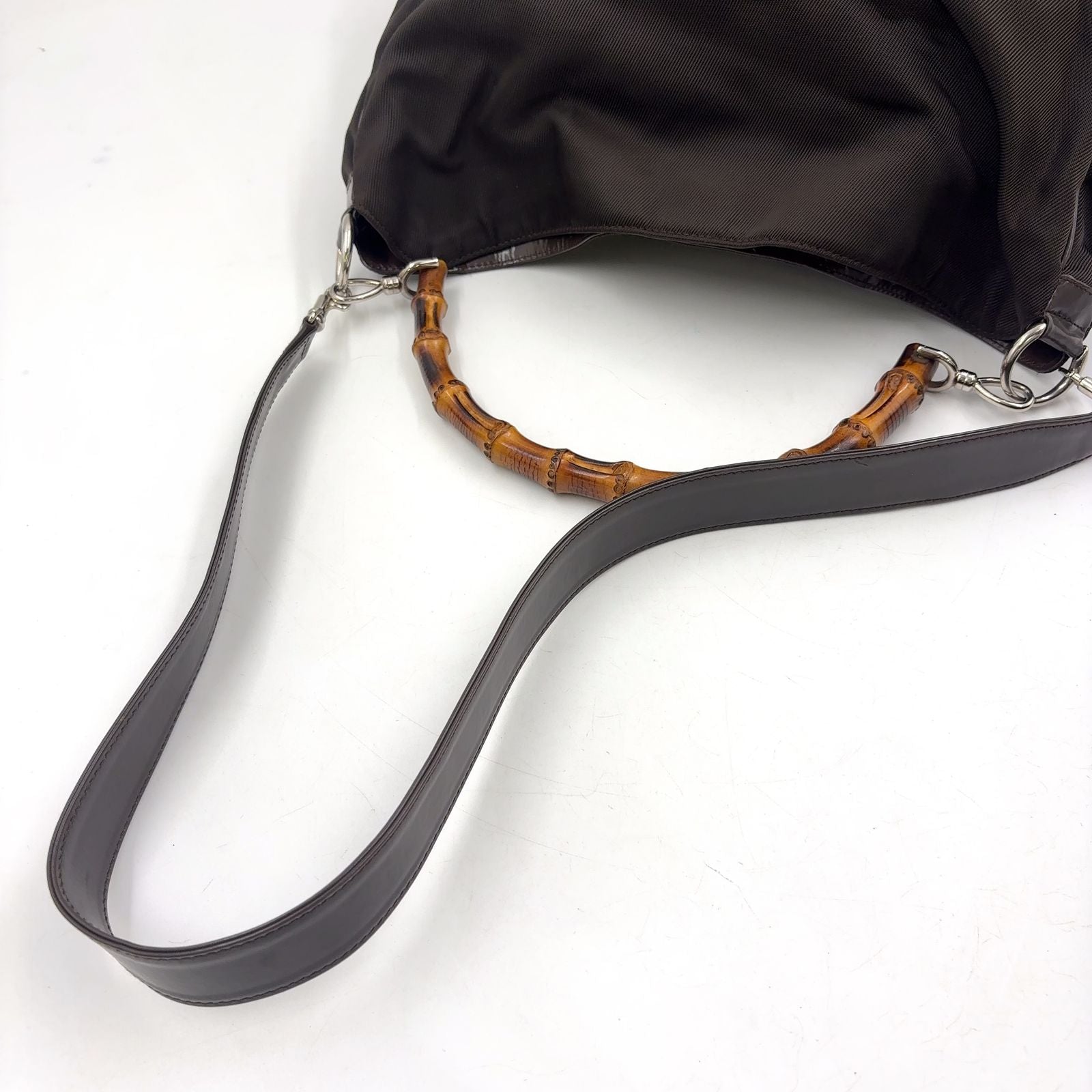 Gucci Bamboo Handle 2-Way Shoulder Leather Nylon Brown Handbag Silver — view 6