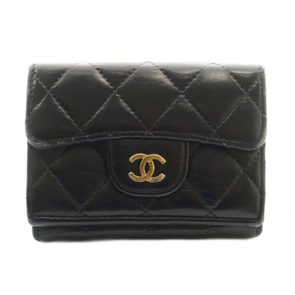 Chanel Quilted Small Flap Wallet Trifold Compact CC Logo One Point Lambskin