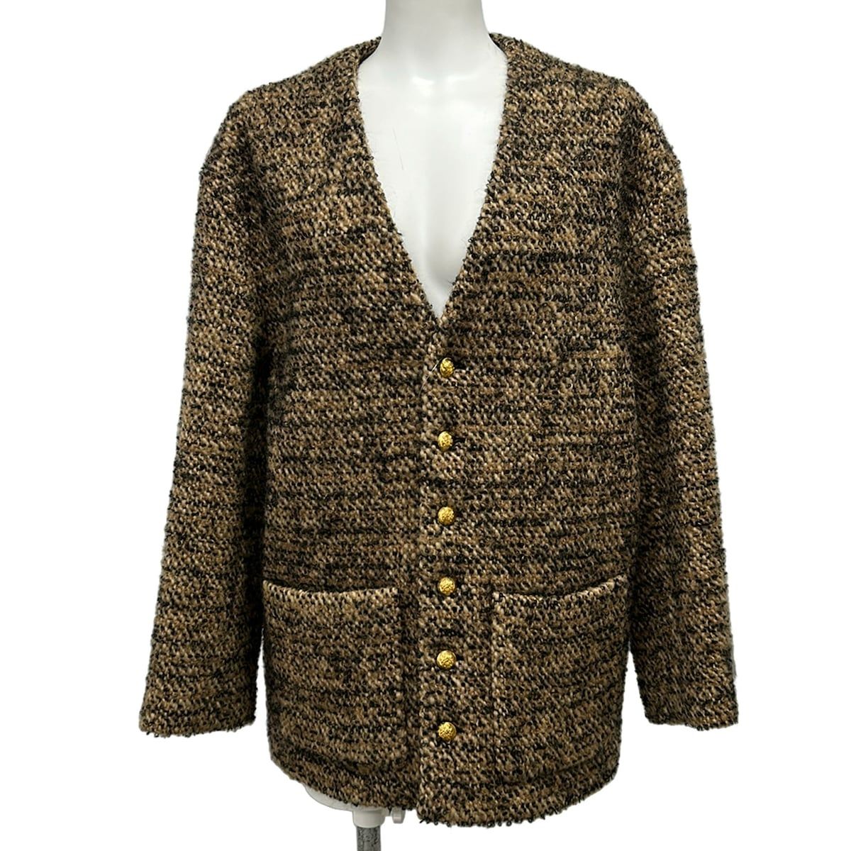 Celine Jacket 34 S Ivory Beige Black Gold Button Long Sleeve Autumn Winter Wool