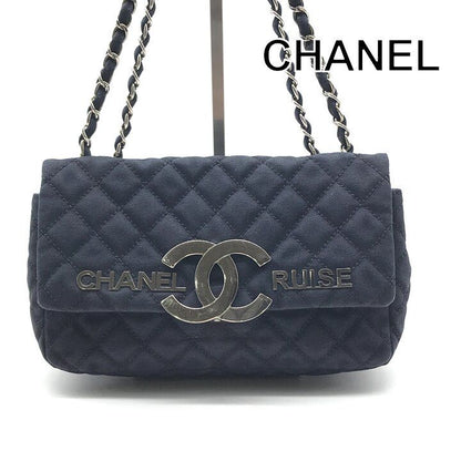 Chanel CC Logo Cruise Line Canvas Chain Shoulder Bag Navy Purse