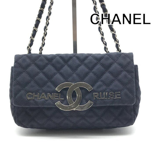 Chanel CC Logo Cruise Line Canvas Chain Shoulder Bag Navy Purse