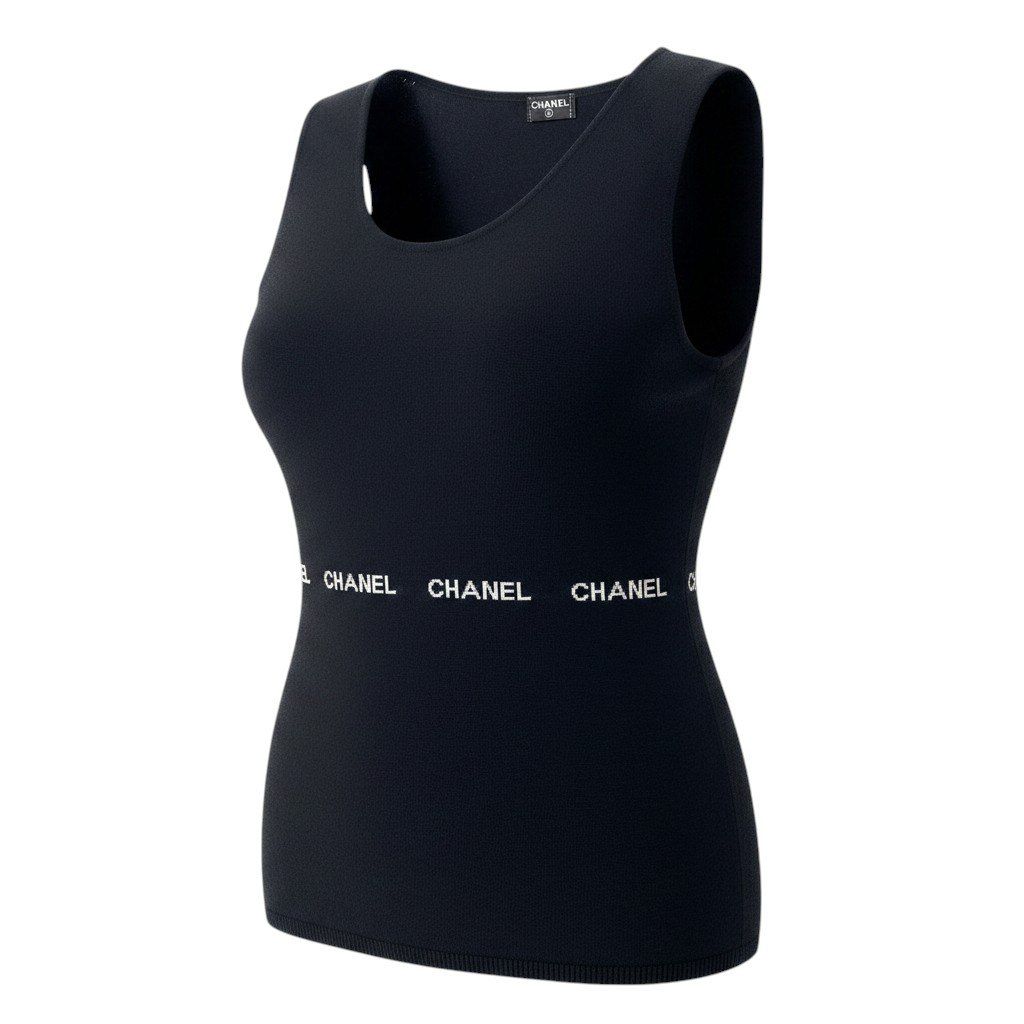 Chanel Sleeveless Knit Sweater Logo Top Black