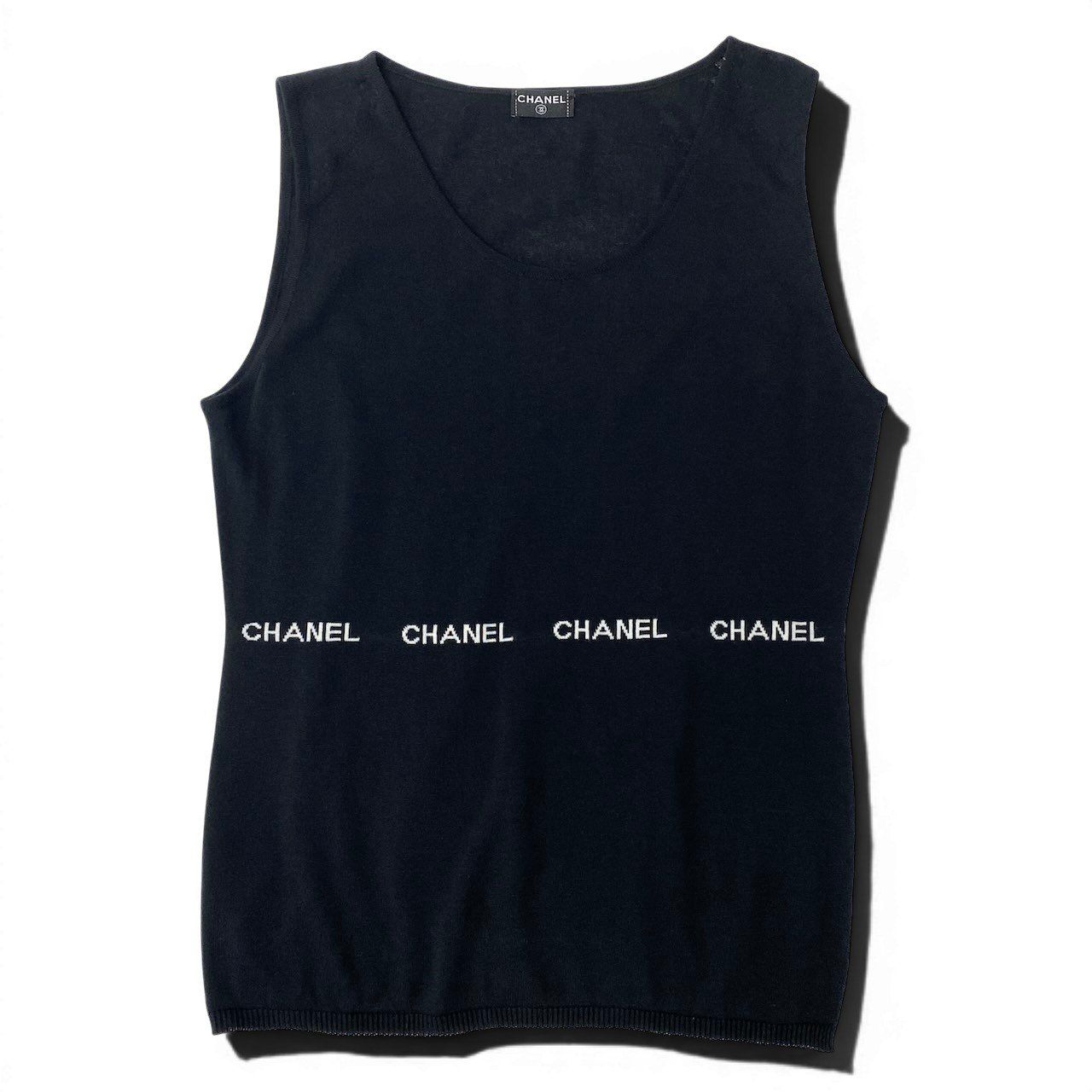 Chanel Sleeveless Knit Sweater Logo Top Black — view 2