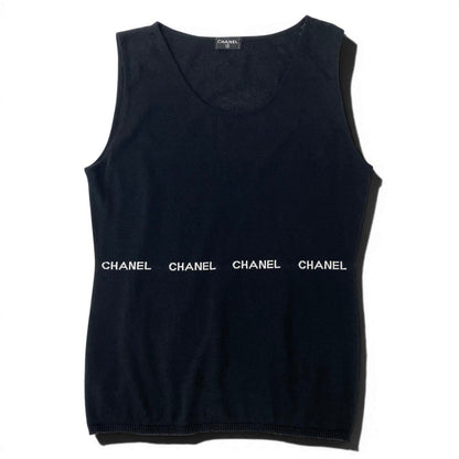 Chanel Sleeveless Knit Sweater Logo Top Black — view 2