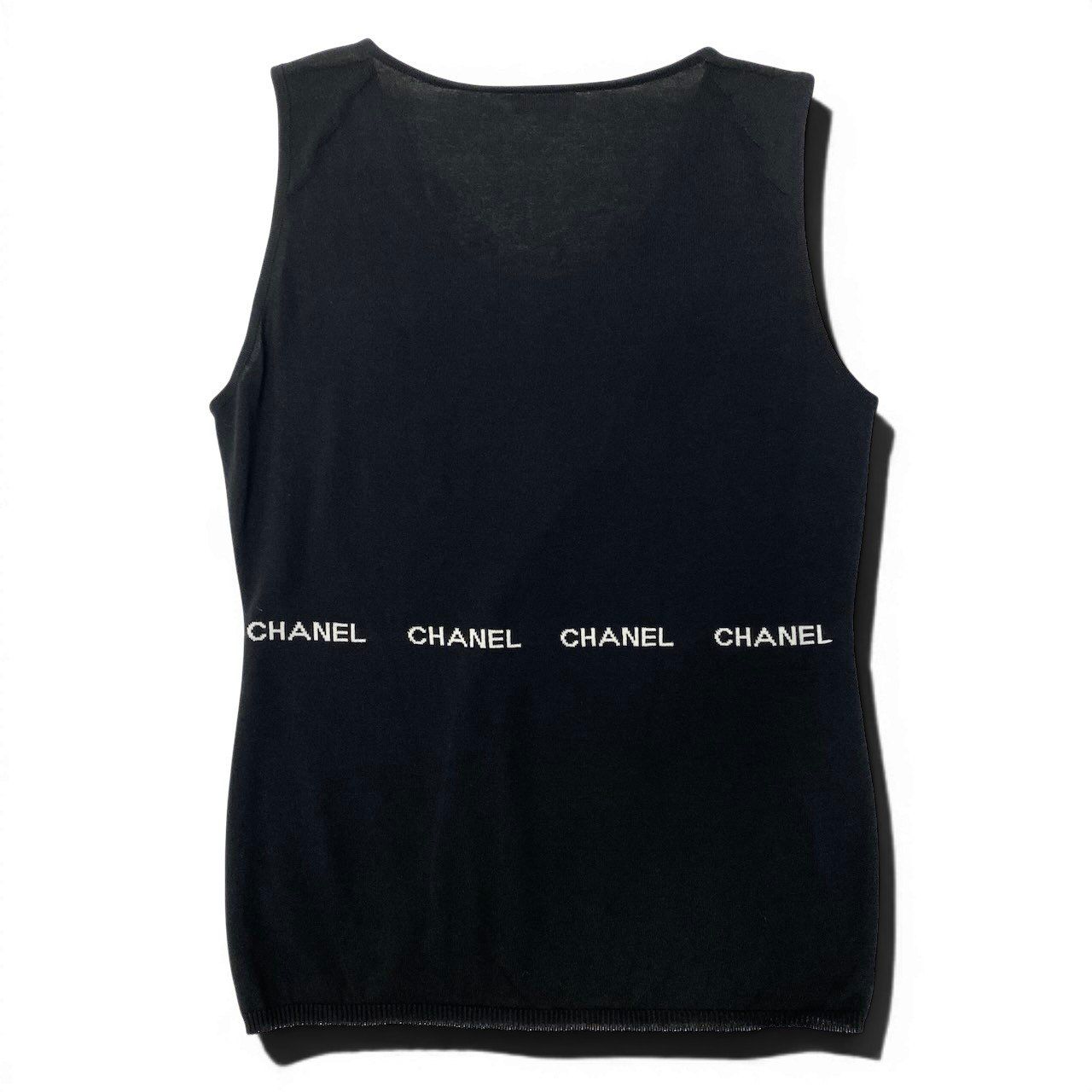 Chanel Sleeveless Knit Sweater Logo Top Black — view 3