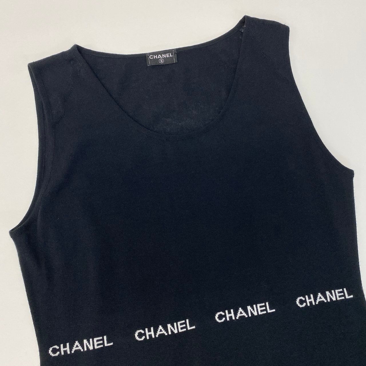 Chanel Sleeveless Knit Sweater Logo Top Black — view 4