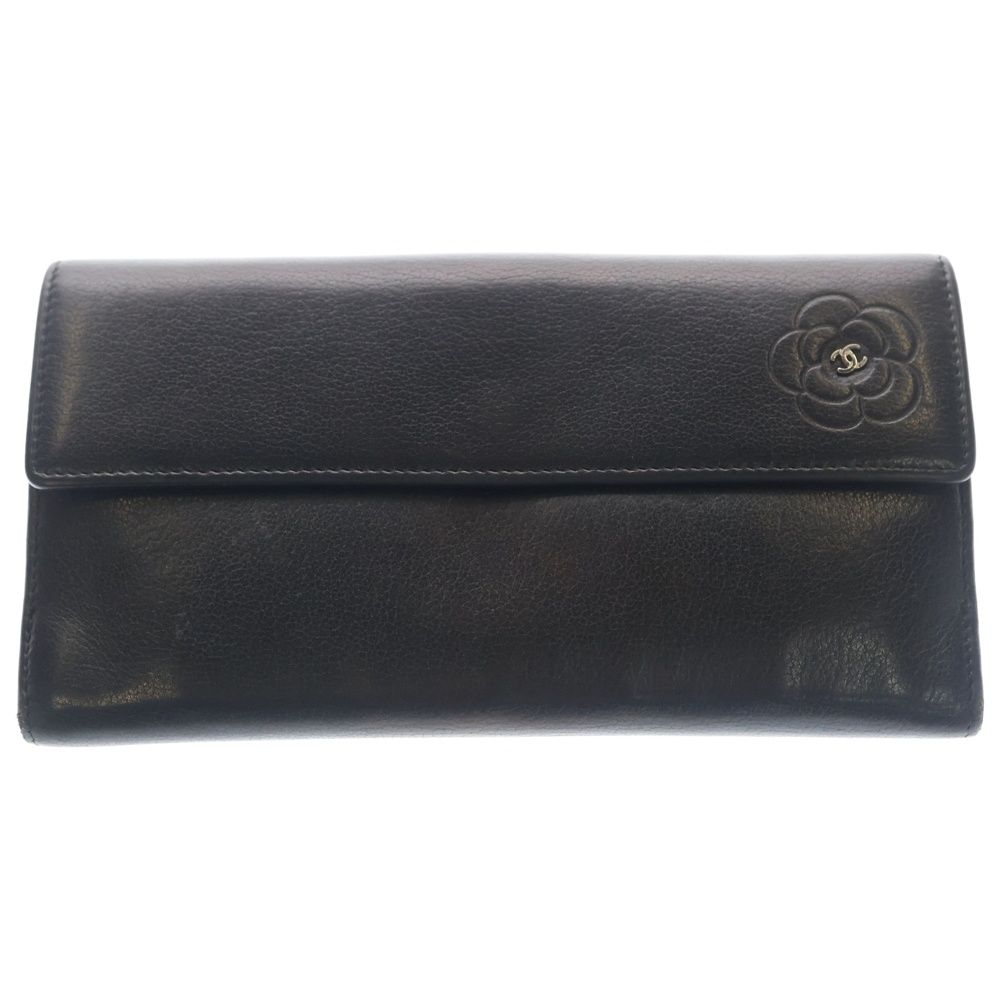Chanel Camellia CC Logo Leather Wallet Black