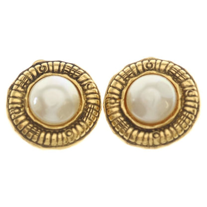 Chanel Faux Pearl Logo Round Earrings Gold