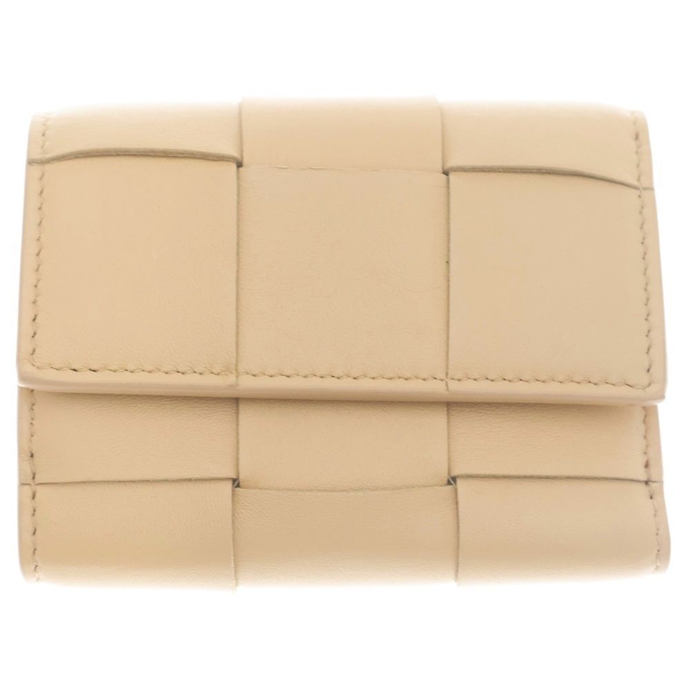 Bottega Veneta Trifold Wallet Compact Coin Case Beige Leather Gold