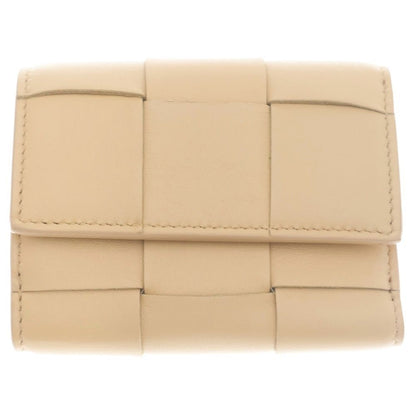 Bottega Veneta Trifold Wallet Compact Coin Case Beige Leather Gold