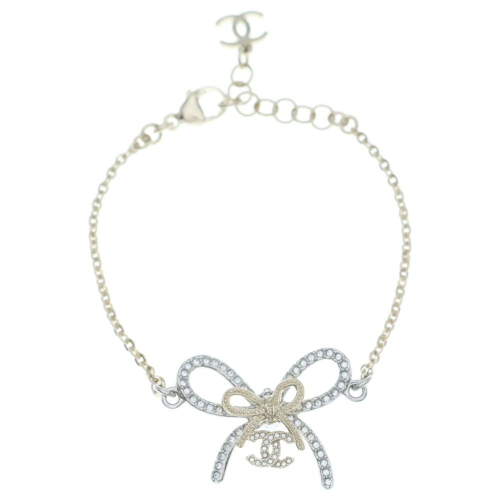 Chanel CC Logo Ribbon Line Stone Bracelet Gold