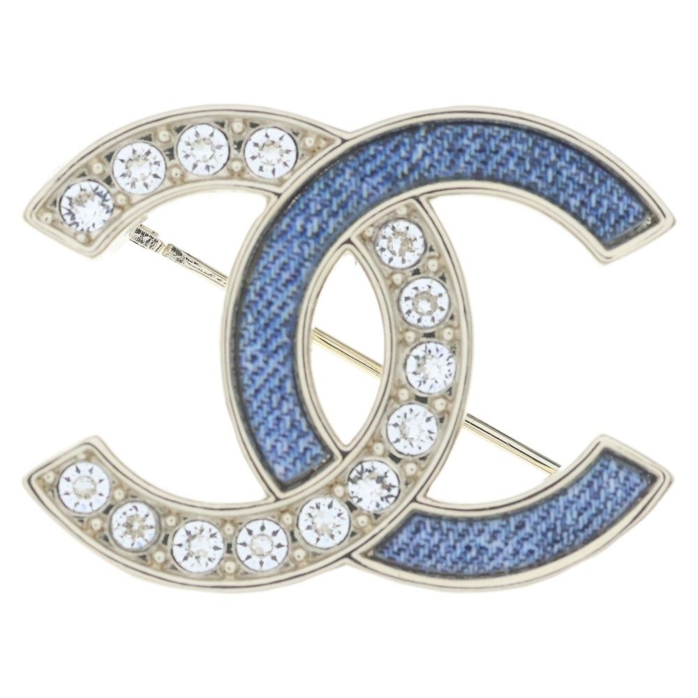 Chanel CC Logo Line Stone Denim Brooch