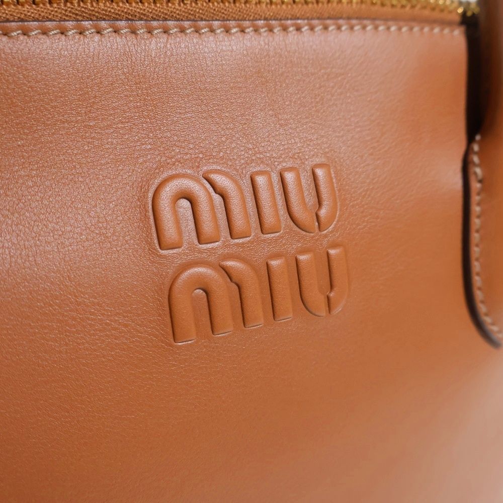 Miu Miu Embossed Logo Tote Brown Cognac Leather — view 5