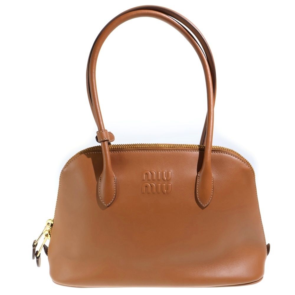 Miu Miu Embossed Logo Tote Brown Cognac Leather