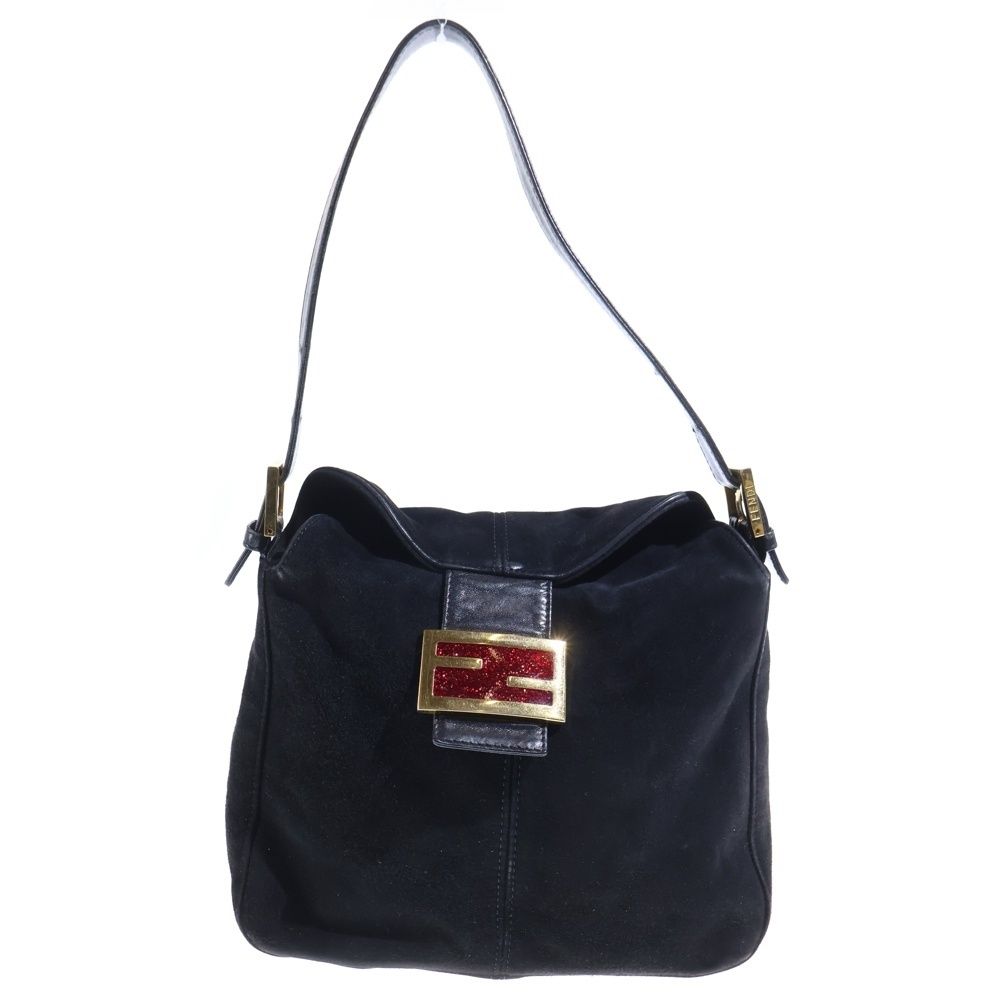 Fendi Lame Mamma Bucket Shoulder Bag Black Suede Leather Gold