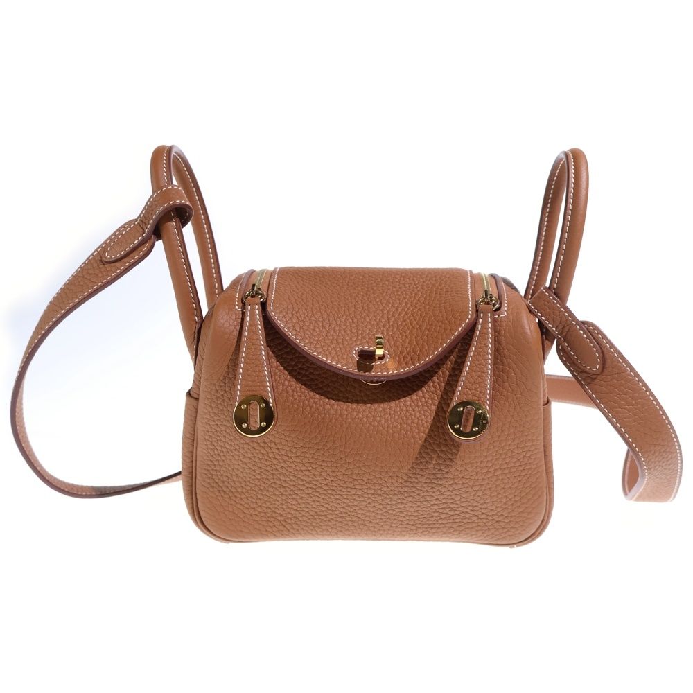Hermes Mini Lindy Gold Taurillon Clemence Leather Shoulder Bag Brown