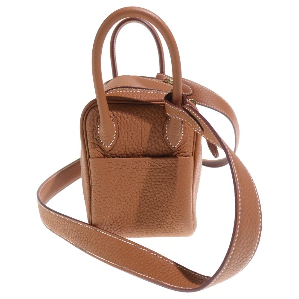 Hermes Mini Lindy Gold Taurillon Clemence Leather Shoulder Bag Brown — view 3