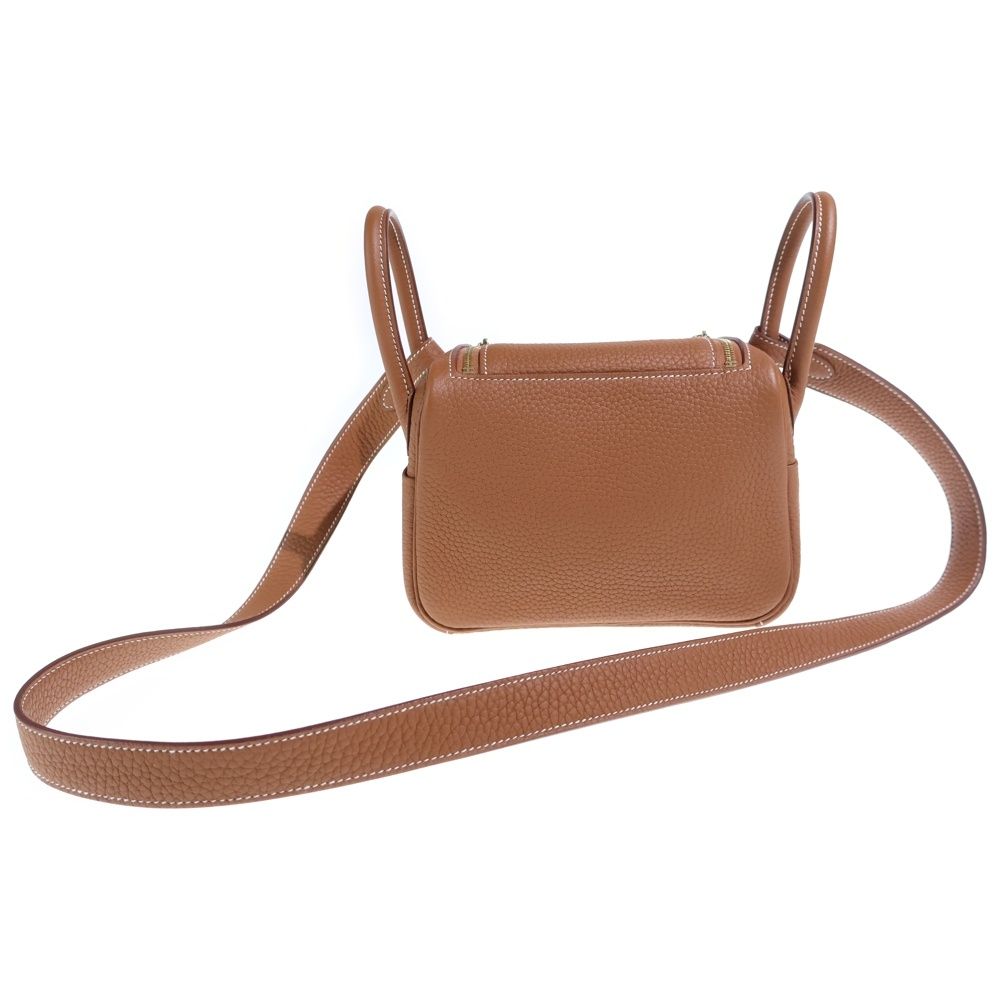 Hermes Mini Lindy Gold Taurillon Clemence Leather Shoulder Bag Brown — view 2
