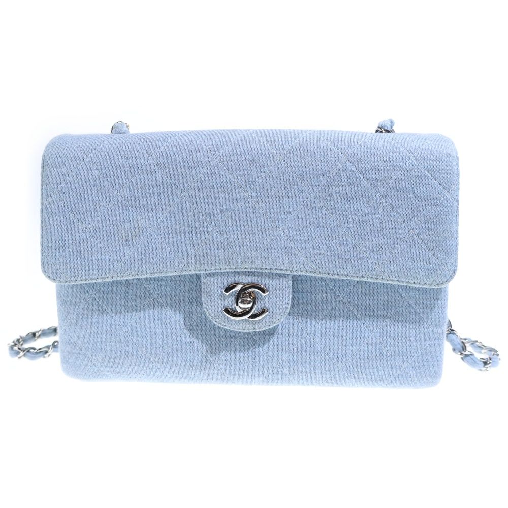 Chanel Quilted 25 Single Flap Chain Shoulder Bag Silver Blue
