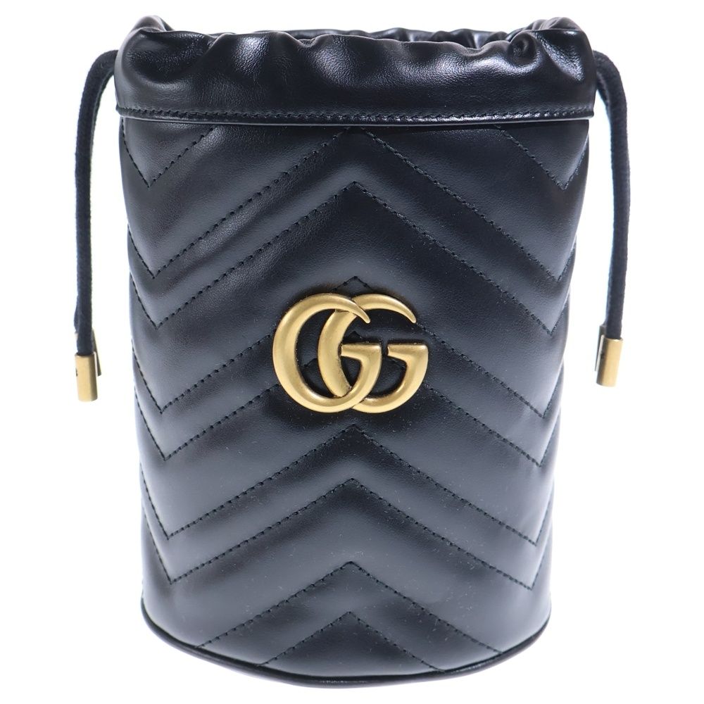 Gucci GG Marmont Quilted Mini Bucket Bag Chain Black Leather Gold