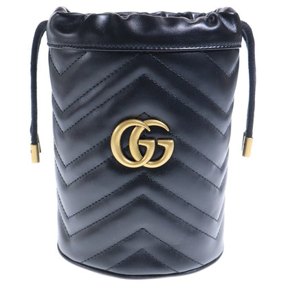 Gucci GG Marmont Quilted Mini Bucket Bag Chain Black Leather Gold