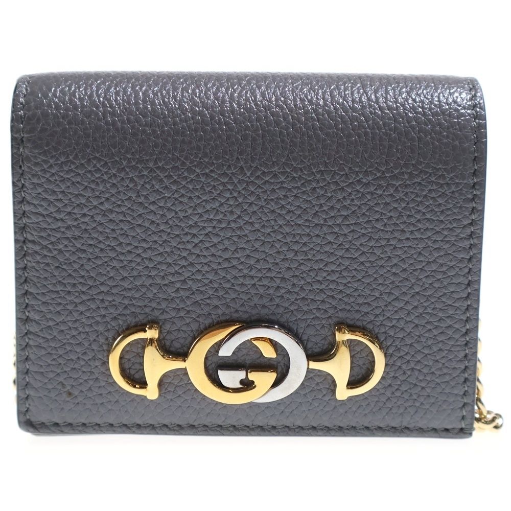 Gucci Zumi Interlocking Leather Chain Compact Wallet Bifold Gold Gray