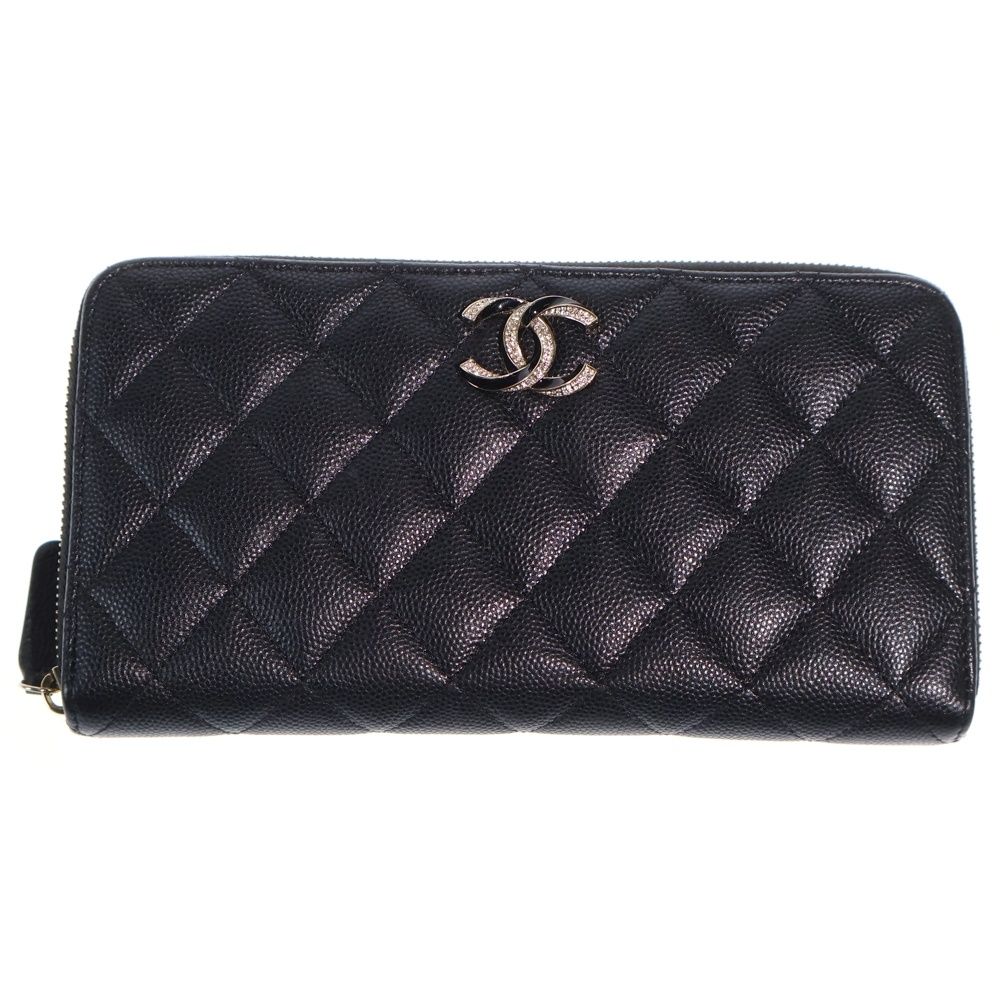 Chanel Line Stone CC Logo Quilted Zip Around Wallet Card Case Black Caviar