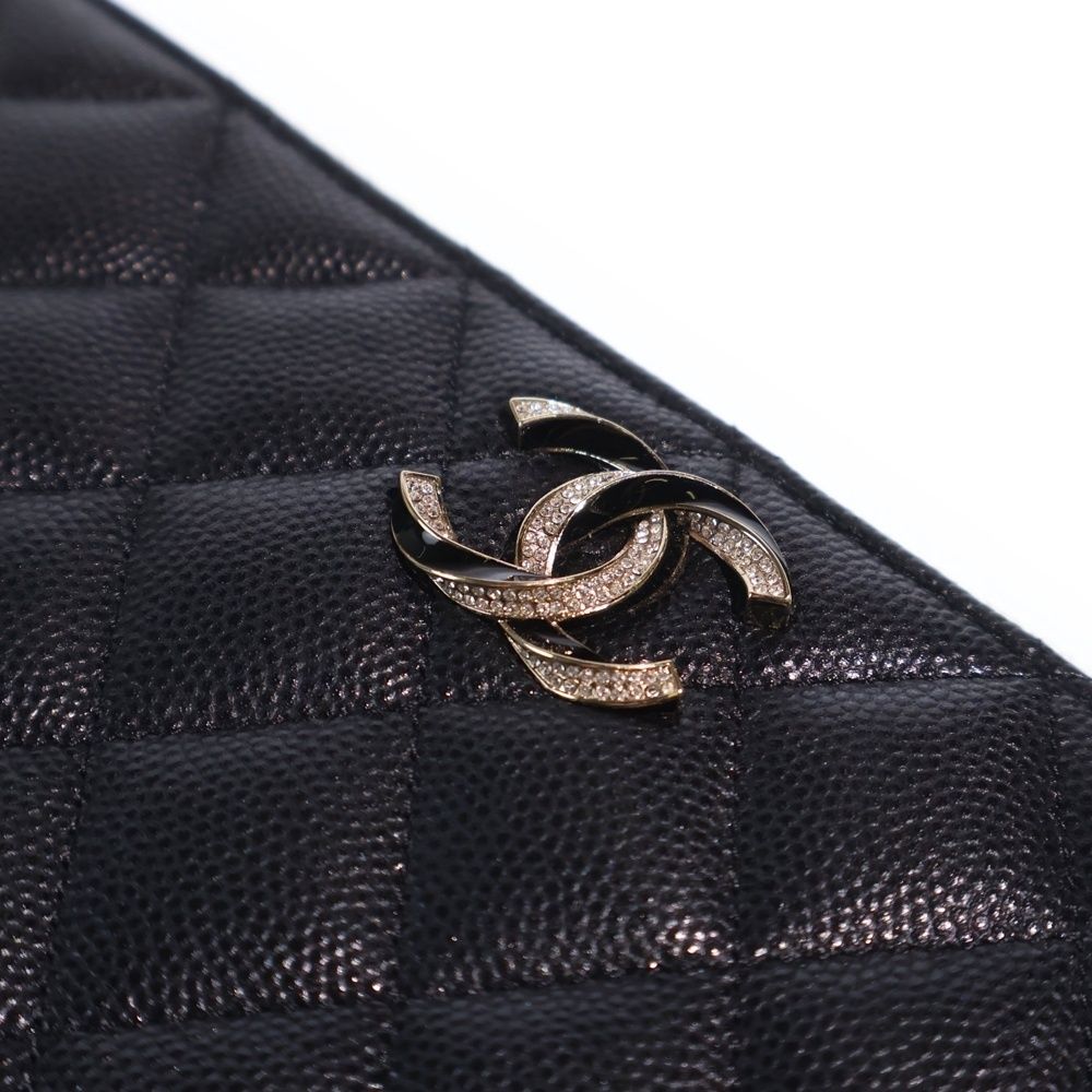 Chanel Line Stone CC Logo Quilted Zip Around Wallet Card Case Black Caviar — view 4