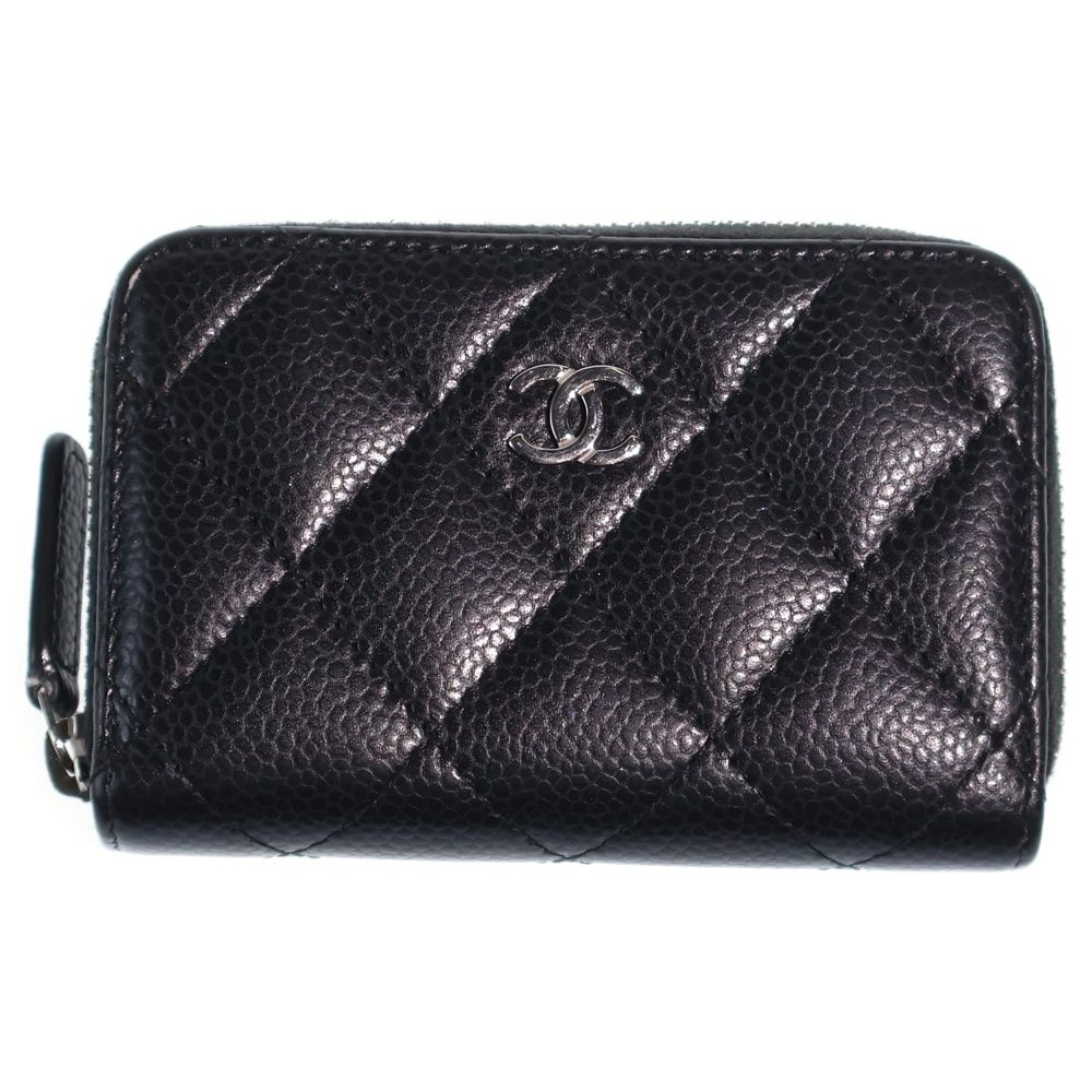 Chanel Quilted Coin Case Mini Wallet Black Caviar Leather Silver