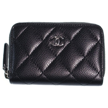 Chanel Quilted Coin Case Mini Wallet Black Caviar Leather Silver
