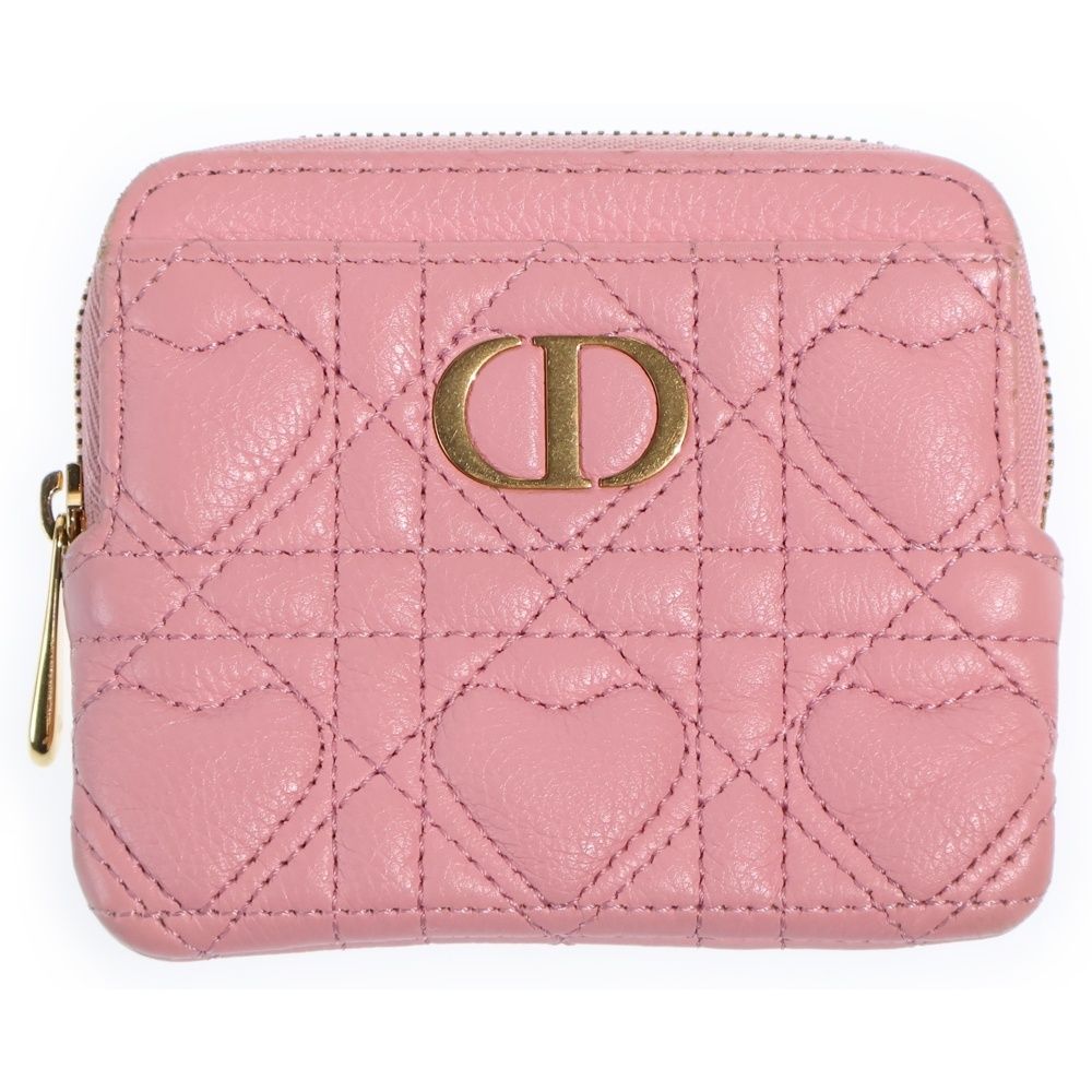 Dior Caro Cannage Lambskin Leather Fragment Card Coin Case Gold Pink